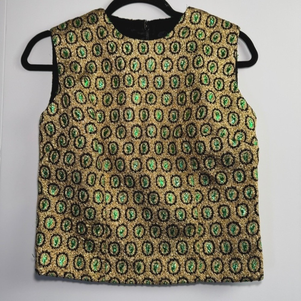 Vintage Nelly de Grab Gold Green Metallic Brocade Paisley Shell Top Size 10